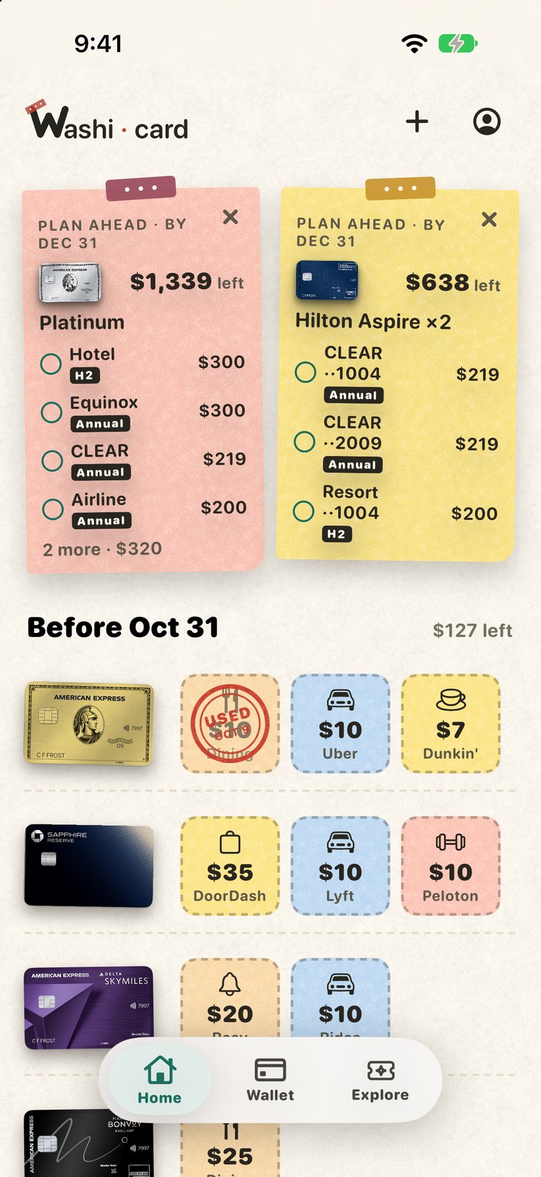 Washicard's Home screen: Plan ahead notes for a Platinum and a Hilton Aspire, and this month's credits as coupons to stamp